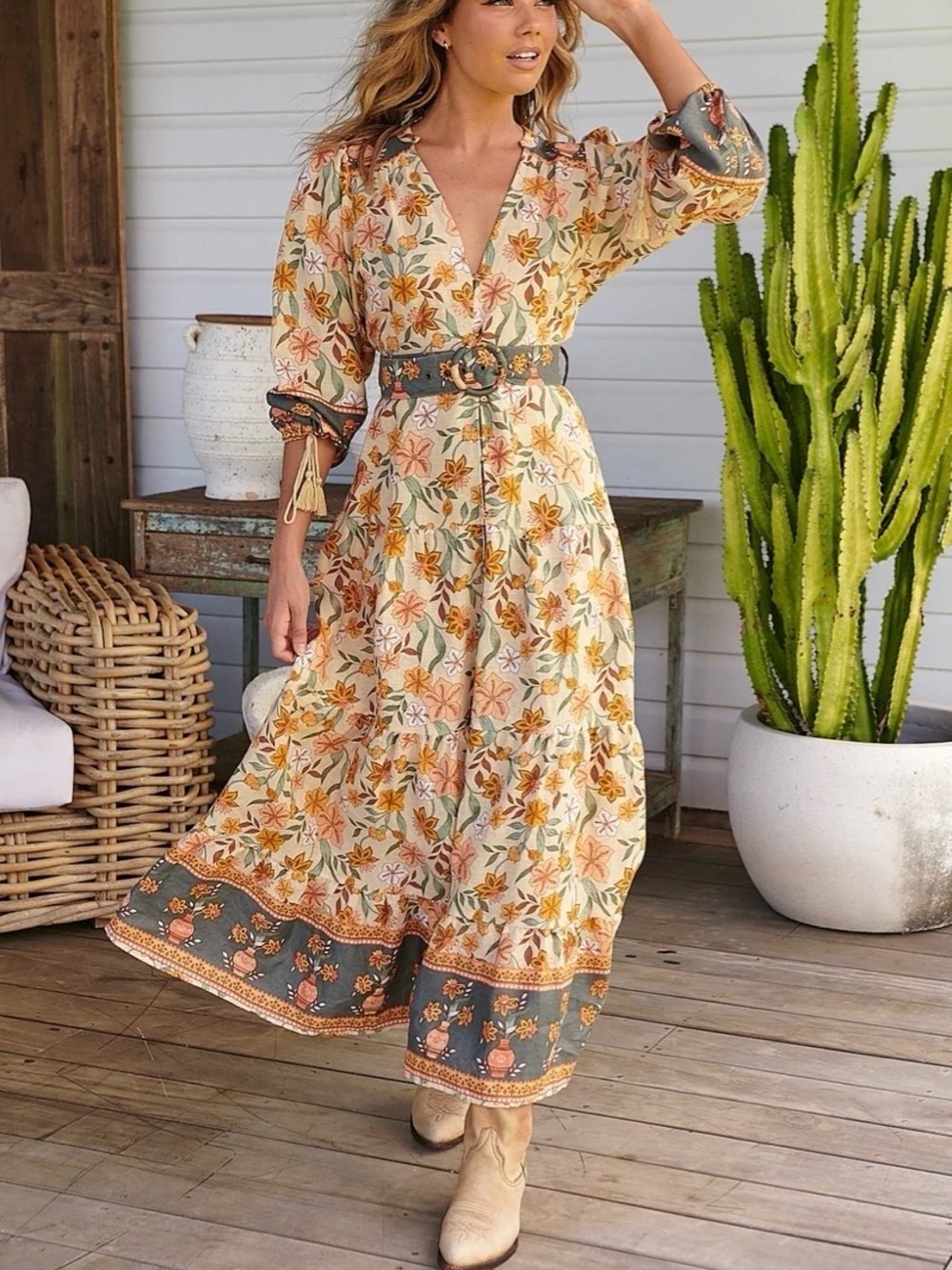 Jaase Cream Maxi Dress with Green and Rust Floral Border